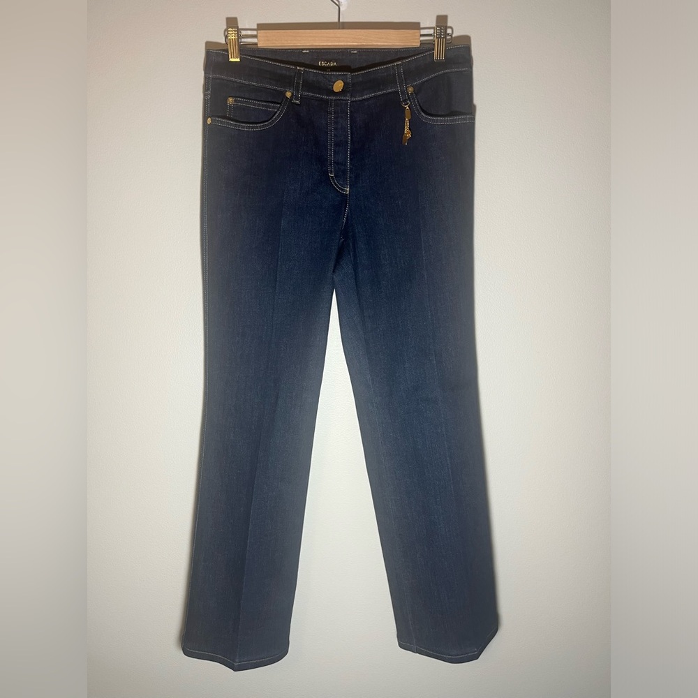 Escada Straight Leg Denim Jeans Dark Blue Gold Hardware Luxury Made in Turkey